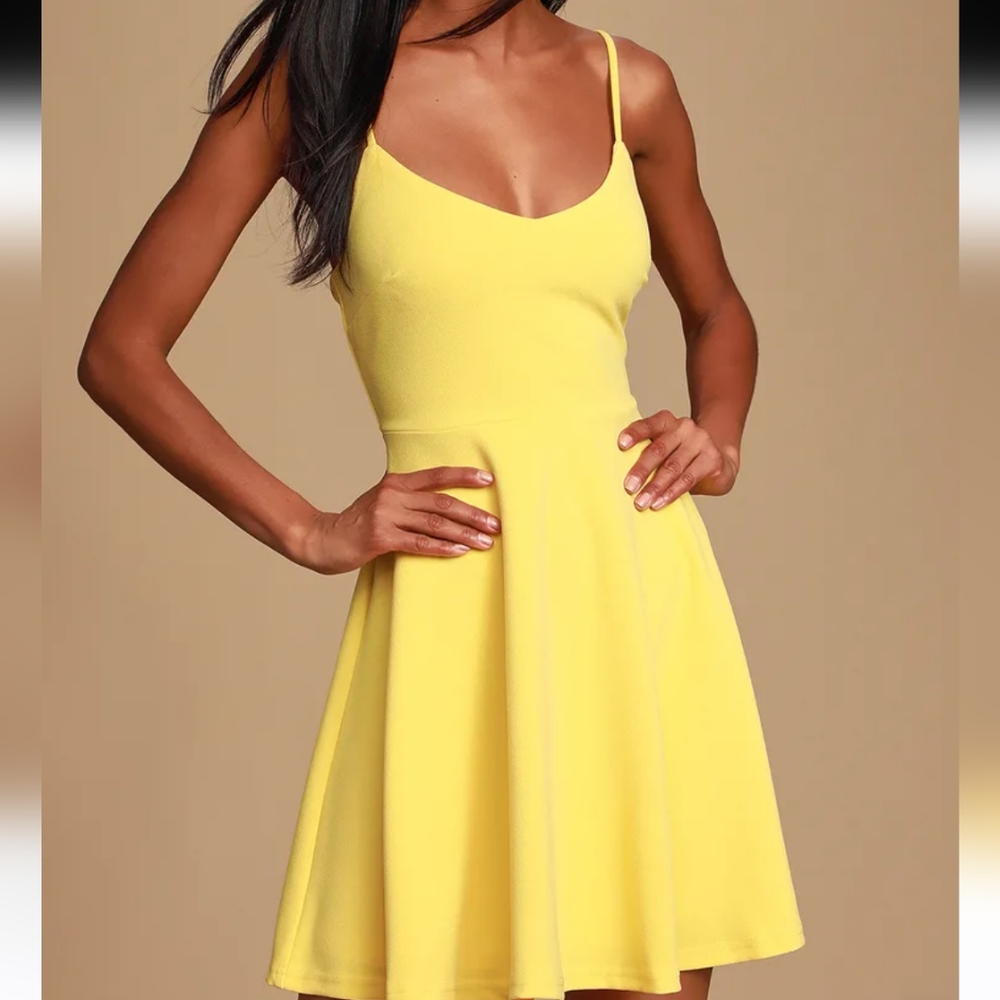 Lulus Yellow Skater Mini Dress Spaghetti Straps Do you Wanna Dance? Size S - Picture 4 of 16